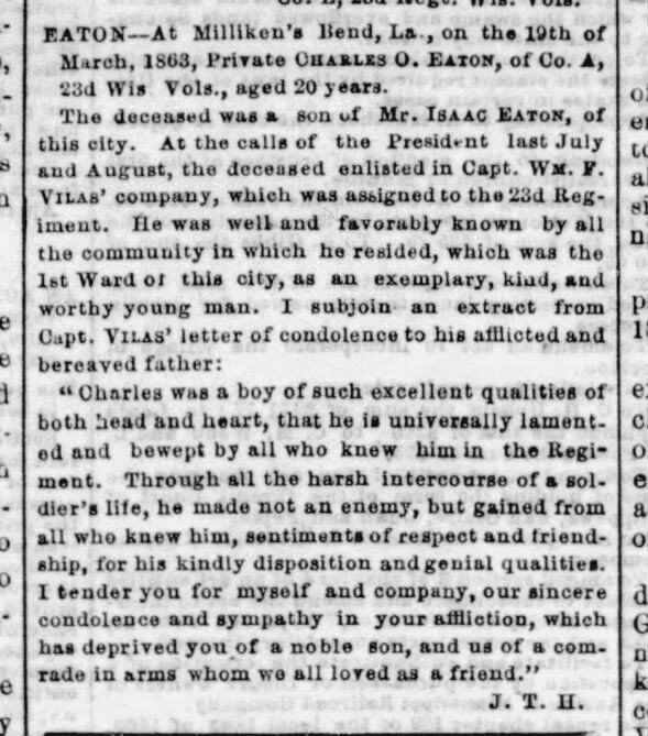 Charles O Eaton died age 20
